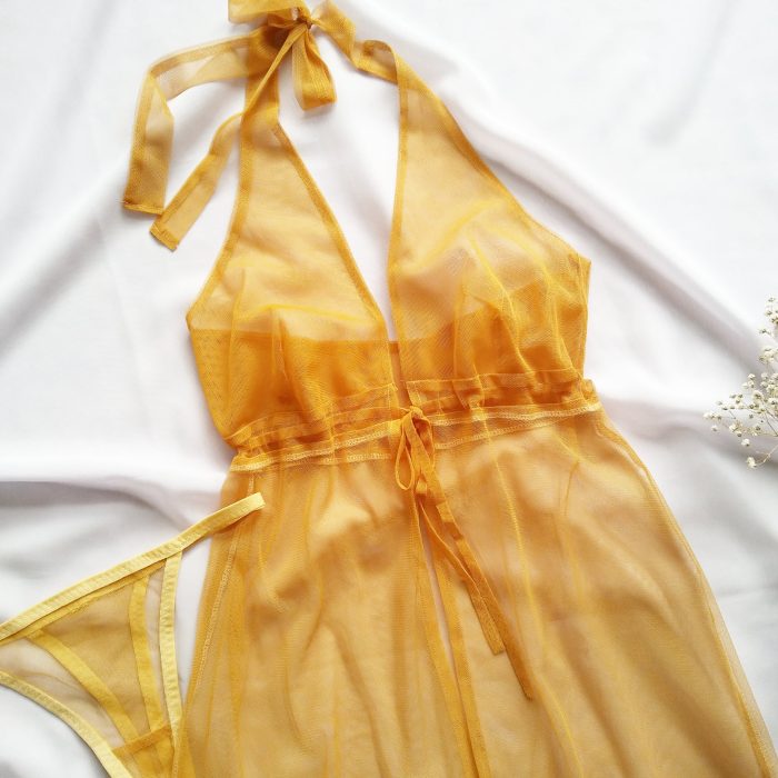 لباس خواب فانتزی گردنی زرد جلوباز سایز 32 تا 62