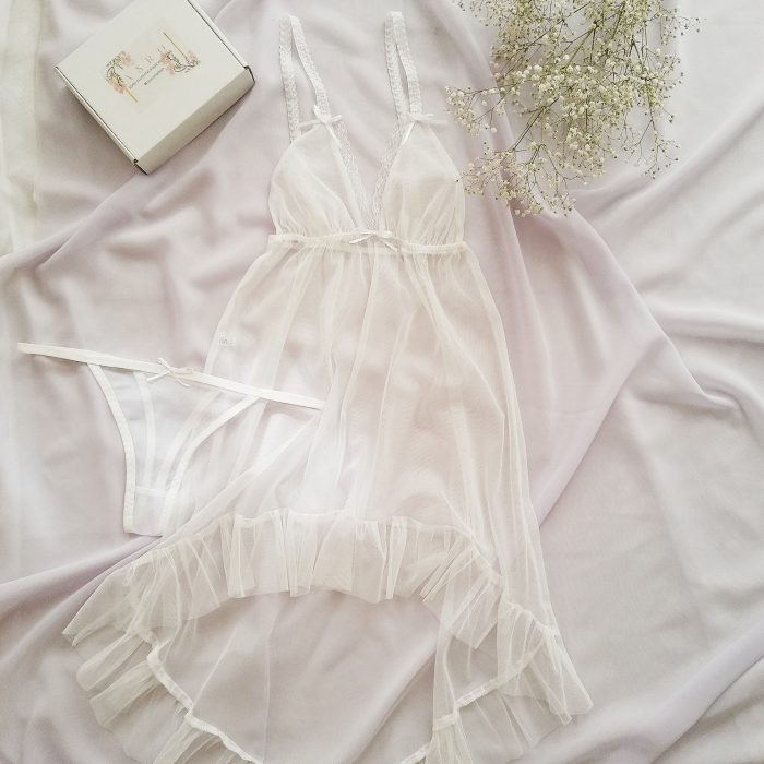 لباس خواب رمانتیک سفید پشت بلند سایز 32 تا 62