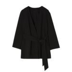 مانتو جلوباز کرپ نخ مشکی کمربنددار سایز 32 تا 62