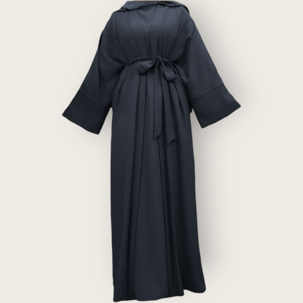 ست مانتو کیمونو عبایی بلند جلوباز و پیراهن زیر مانتویی نخی ابروبادی آبی نفتی سایز 32 تا 62 (رنگبندی موجود)
