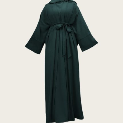 ست مانتو کیمونو عبایی بلند جلوباز و پیراهن زیر مانتویی نخی ابروبادی سبز کله غازی سایز 32 تا 62 (رنگبندی موجود)