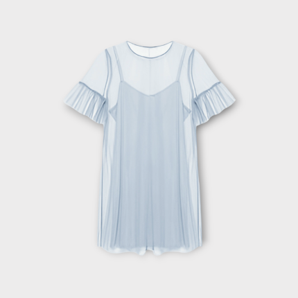 ست پیراهن بندی و پیراهن رویی توری آستین چین دار آبی روشن سایز 32 تا 62 (رنگبندی موجود)