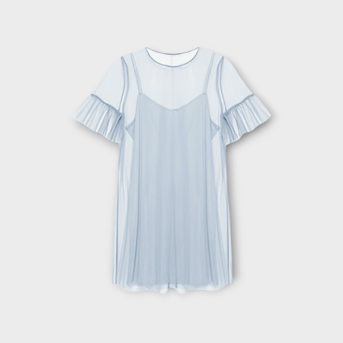 ست پیراهن بندی و پیراهن رویی توری آستین چین دار آبی روشن سایز 32 تا 62 (رنگبندی موجود)