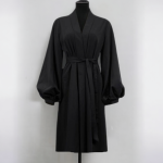 مانتو جلوباز کمربنددار آستین پفی کوتاه کرپ نخ مشکی سایز 32 تا 62 (رنگبندی موجود)