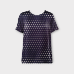 بلوز آستین کوتاه خالدار آبی نفتی کرپ نخ سایز 32 تا 62