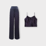 ست کراپ تاپ و شلوار بگ خالدار آبی نفتی کرپ نخ سایز 32 تا 62