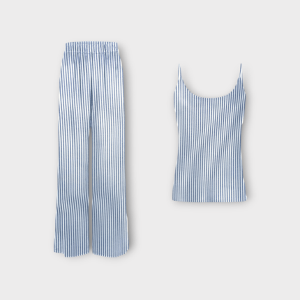 تاپ بندی و شلوار بگ راه راه سفید آبی کرپ نخ سایز 32 تا 62 رویداسما roydasma