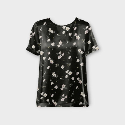 تیشرت گلدار گل آناگالیس زمینه مشکی آستین کوتاه کرپ نخ سایز 32 تا 62 رویداسما roydadma