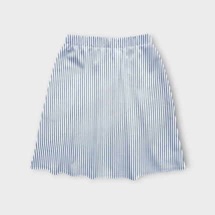 دامن راه راه سفید آبی کوتاه کمرکش ای لاین کرپ نخ سایز 32 تا 62 رویداسما roydasma