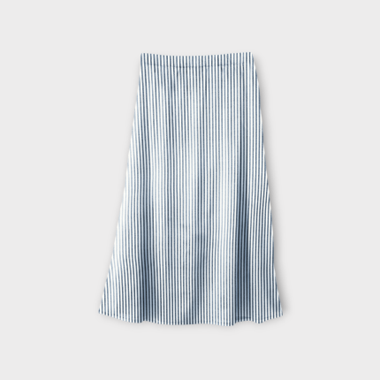 دامن میدی راه راه سفید آبی کمرکش نیم کلوش کرپ نخ سایز 32 تا 62 رویداسما roydasma