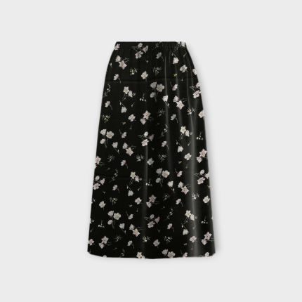 دامن میدی گلدار ای لاین کمرکش کرپ نخ گل آناگالیس با زمینه مشکی سایز 32 تا 62 رویداسما roydasma