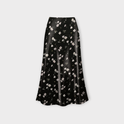 دامن میدی گلدار پشت کش ای لاین گل آناگالیس با زمینه مشکی سایز 32 تا 62 رویداسما roydasma