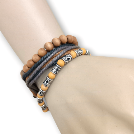 دستبند چند تایی دست ساز مهره استیل و چوب و بندی کنفی