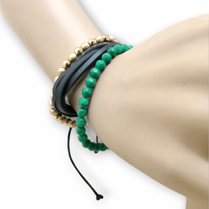 دستبند چند تایی دست ساز مهره و بندی چرم