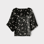 شومیز آستین کیمونو گلدار کرپ نخ گل آناگالیس با زمینه مشکی سایز 32 تا 62 رویداسما roydasma