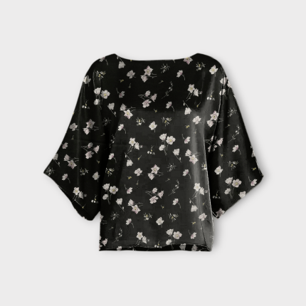 شومیز آستین کیمونو گلدار کرپ نخ گل آناگالیس با زمینه مشکی سایز 32 تا 62 رویداسما roydasma