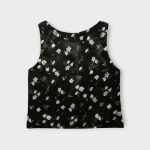 کراپ تاپ گلدار آستین حلقه ای کرپ نخ گل آناگالیس با زمینه مشکی سایز 32 تا 62 رویداسما roydasma