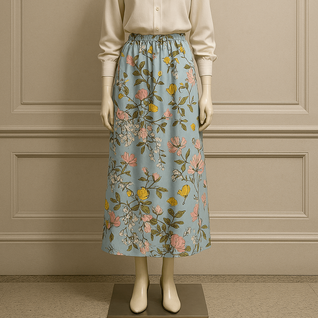 دامن بلند گل لیلیوم با زمینه آبی کمرکش ای لاین کرپ نخ سایز 32 تا 62 چرا دامن بهترین انتخاب برای استایل شماست؟