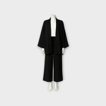 ست مانتو کیمونو و شلوار نخی ابروبادی مشکی سایز 32 تا 62 (رنگبندی موجود) رویداسما roydasma