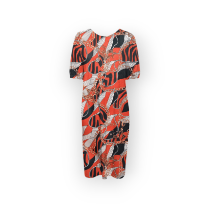 تونیک آستین کشی کوتاه طرح زنجیر با زمینه قرمز کرپ نخ قد 100cm سایز 32 تا 62 سایز بزرگ موجود رویداسما roydasma