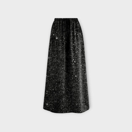 دامن مخمل پولکی بلند کمرکش مشکی سایز 32 تا 62 قد 90 (رنگبندی موجود)رویداسما roydasma سایز بزرگ موجود