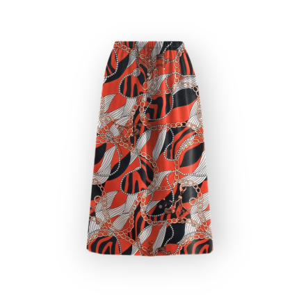 دامن میدی طرح زنجیر با زمینه قرمز ای لاین کمرکش کرپ نخ قد 80cm سایز 32 تا 62 سایز بزرگ موجود رویداسما roydasma