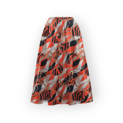 دامن میدی طرح زنجیر با زمینه قرمز نیم کلوش کمرکش کرپ نخ قد 80cm سایز 32 تا 62 سایز بزرگ موجود رویداسما roydasma