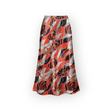 دامن میدی طرح زنجیر با زمینه قرمز کرپ نخ ای لاین پشت کش قد 80cm سایز 32 تا 62 سایز بزرگ موجود