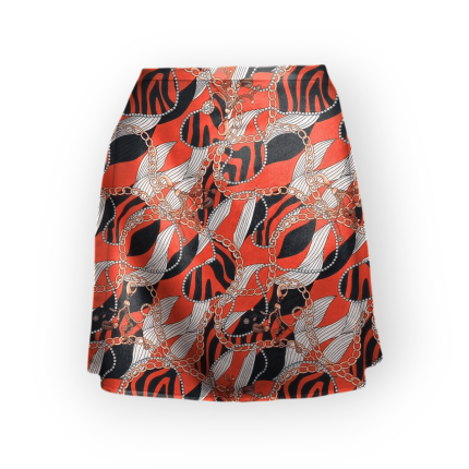 دامن کوتاه طرح زنجیر با زمینه قرمز ای لاین پشت کش کرپ نخ قد 45cm سایز 32 تا 62 سایز بزرگ موجود رویداسما roydasma