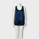 ست تاپ یقه اسکوپ و شلوارک کوتاه ساتن آبی نفتی سایز 32 تا 62 (رنگبندی موجود) رویداسما roydasma سایز بزرگ موجود