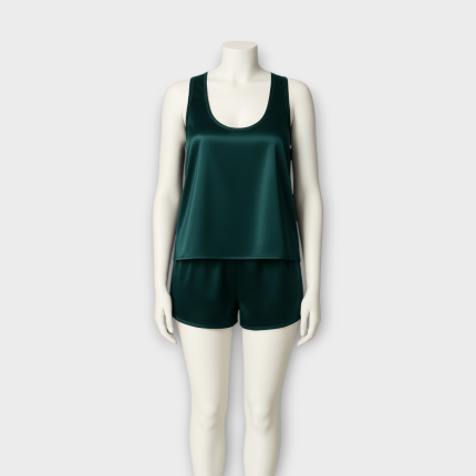 ست تاپ یقه اسکوپ و شلوارک کوتاه ساتن سبز کله غازی سایز 32 تا 62 (رنگبندی موجود) رویداسما roydasma سایز بزرگ موجود