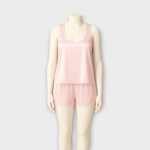 ست تاپ یقه اسکوپ و شلوارک کوتاه ساتن صورتی سایز 32 تا 62 (رنگبندی موجود) رویداسما roydasma سایز بزرگ موجود