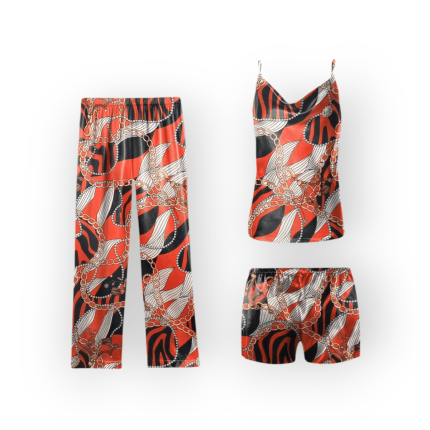 ست تاپ یقه شل شلوارک شلوار طرح زنجیر با زمینه قرمز کرپ نخ سایز 32 تا 62 سایز بزرگ موجود رویداسما roydasma