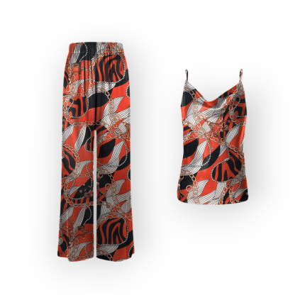 ست تاپ یقه شل و شلوار طرح زنجیر با زمینه قرمز کرپ نخ سایز 32 تا 62 سایز بزرگ موجود رویداسما roydasma