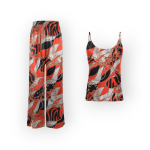 ست تاپ یقه گرد و شلوار بگ طرح زنجیر با زمینه قرمز کرپ نخ سایز 32 تا 62 سایز بزرگ موجود رویداسما roydasma