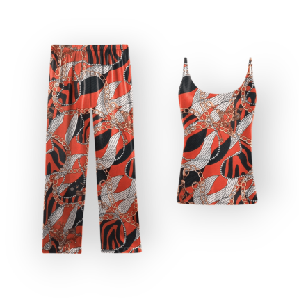 ست تاپ یقه گرد و شلوار راسته طرح زنجیر با زمینه قرمز کرپ نخ سایز 32 تا 62 سایز بزرگ موجود رویداسما roydasma