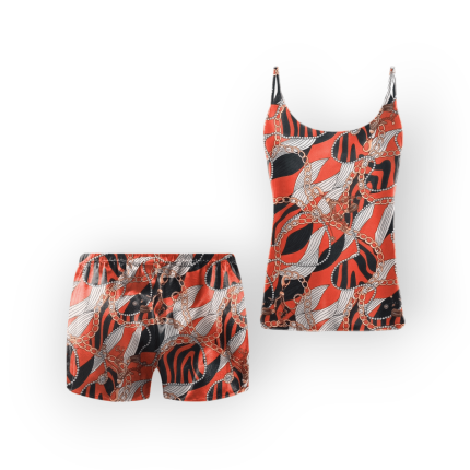 ست تاپ یقه گرد و شلوارک طرح زنجیر با زمینه قرمز کرپ نخ سایز 32 تا 62 سایز بزرگ موجود رویداسما roydasma