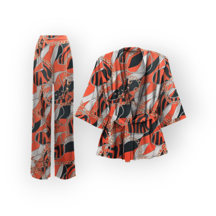 ست مانتو کیمونو و شلوار طرح زنجیر با زمینه قرمز کرپ نخ سایز 32 تا 62 سایز بزرگ موجود