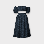 ست مخمل پولکی نیم تنه آستین جدا و دامن نیم کلوش میدی نیم کلوش آبی نفتی سایز 32 تا 62 (رنگبندی موجود) رویداسما roydasma