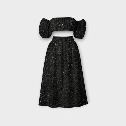 ست مخمل پولکی نیم تنه آستین جدا و دامن نیم کلوش میدی نیم کلوش مشکی سایز 32 تا 62 (رنگبندی موجود) رویداسما roydasma