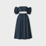 ست نیم تنه آستین جدا و دامن نیم کلوش میدی کرپ آبی نفتی سایز 32 تا 62 (رنگبندی موجود) رویداسما roydasma