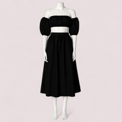 ست نیم تنه آستین جدا و دامن نیم کلوش میدی کرپ مشکی سایز 32 تا 62 (رنگبندی موجود) رویداسما roydasma