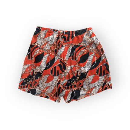 شلوارک کوتاه کمرکش طرح زنجیر با زمینه قرمز کرپ نخ سایز 32 تا 62 سایز بزرگ موجود رویداسما roydasma