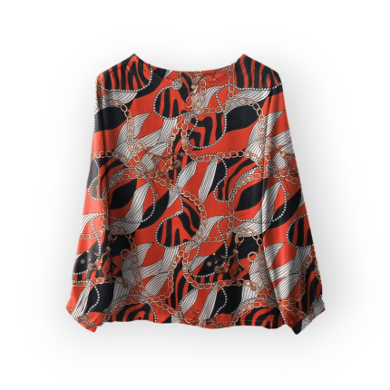 شومیز آستین پفی طرح زنجیر با زمینه قرمز کرپ نخ سایز 32 تا 62 سایز بزرگ موجود رویداسما roydasma