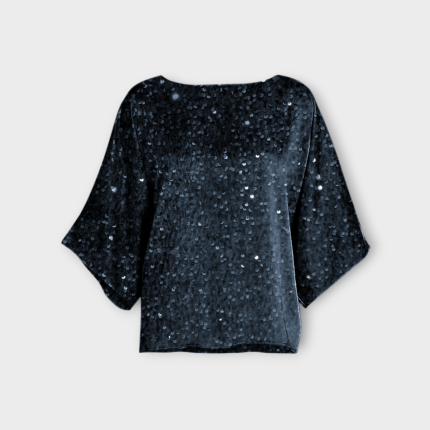 شومیز آستین کیمونو مخمل پولکی آبی نفتی سایز 32 تا 62 (رنگبندی موجود) رویداسما roydasma سایز بزرگ موجود