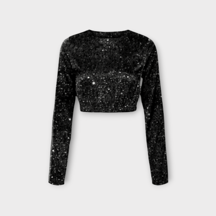 شومیز کراپ کمرکش مخمل پولکی مشکی سایز 32 تا 62 (رنگبندی موجود) رویداسما roydasma