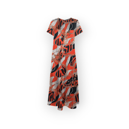 پیراهن بلند آزاد طرح زنجیر با زمینه قرمز آستین کوتاه کرپ نخ سایز 32 تا 62 سایز بزرگ موجود رویداسما roydasma