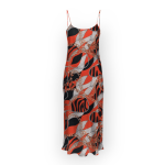 پیراهن بندی بلند طرح زنجیر با زمینه قرمز یقه گرد اسلپ کرپ نخ قد 125cm سایز 32 تا 62 رویداسما roydasma سایز بزرگ موجود