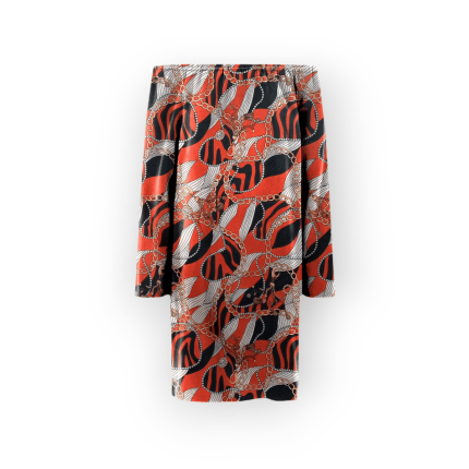 پیراهن دکلته طرح زنجیر با زمینه قرمز کرپ نخ قد 90cm سایز 32 تا 62 سایز بزرگ موجود رویداسما roydasma