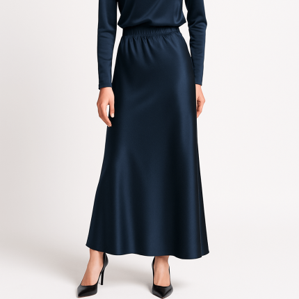 دامن بلند کمرکش ساتن آبی نفتی ای لاین قد 90cm سایز 32 تا 62 (رنگبندی موجود) رویداسما roydasma سایز بزرگ موجود